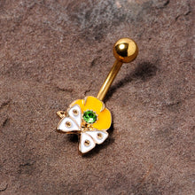 将图片加载到图库查看器，Green Gem Gold Tone Butterfly Flower Belly Ring
