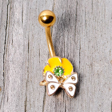将图片加载到图库查看器，Green Gem Gold Tone Butterfly Flower Belly Ring
