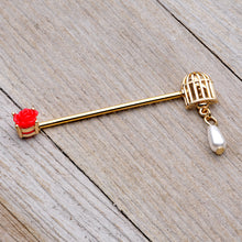 Load image into Gallery viewer, 14G Gold Tone Red Flower Birdcage Industrial Barbell 38mm
