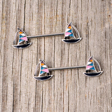 Load image into Gallery viewer, 14G 9/16 Black Gem Teal Nautical Sailboat Barbell Nipple Ring Set
