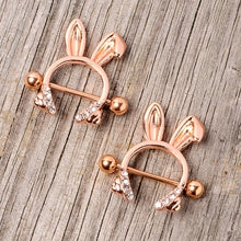 Load image into Gallery viewer, 14G 9/16 Clear Gem Rose Gold Tone Bunny Ear Headphones Nipple Shield Set
