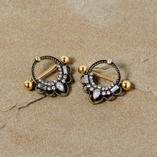 Load image into Gallery viewer, 14G 5/8 Clear Gem Gold Tone Filigree Nipple Shield Set
