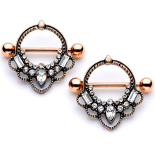 Load image into Gallery viewer, 14G 5/8 Clear Gem Rose Gold Tone Filigree Nipple Shield Set
