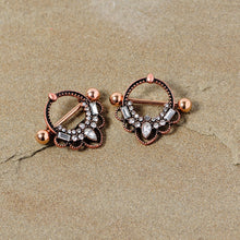 Load image into Gallery viewer, 14G 5/8 Clear Gem Rose Gold Tone Filigree Nipple Shield Set

