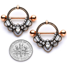 Load image into Gallery viewer, 14G 5/8 Clear Gem Rose Gold Tone Filigree Nipple Shield Set
