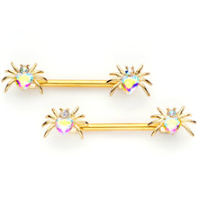 Load image into Gallery viewer, 14G 9/16 Aurora Gem Gold Tone Heart Spider Barbell Nipple Ring Set
