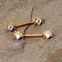 Load image into Gallery viewer, 14G 9/16 Aurora Gem Gold Tone Heart Spider Barbell Nipple Ring Set
