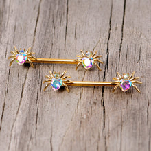 Load image into Gallery viewer, 14G 9/16 Aurora Gem Gold Tone Heart Spider Barbell Nipple Ring Set
