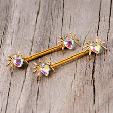 Load image into Gallery viewer, 14G 9/16 Aurora Gem Gold Tone Heart Spider Barbell Nipple Ring Set
