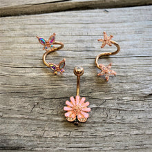 Load image into Gallery viewer, 14G 3/8 Aurora Gem Rose Gold Tone Butterfly Spiral Twister Ring
