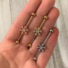 Load image into Gallery viewer, 14G Aurora Gem Rose Gold Tone Snowflake Industrial Barbell 38mm
