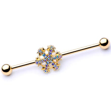 Load image into Gallery viewer, 14G Aurora Gem Gold Tone Snowflake Industrial Barbell 38mm
