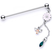 Load image into Gallery viewer, 14G Green Yellow Gem Flower Bee Dangle Industrial Barbell 38mm
