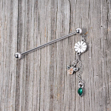 Load image into Gallery viewer, 14G Green Yellow Gem Flower Bee Dangle Industrial Barbell 38mm
