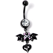 将图片加载到图库查看器，Clear Gem Black Heart Vampire Bat Halloween Dangle Belly Ring
