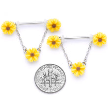 将图片加载到图库查看器，14G 5/8 Yellow Sunflowers Dangle Nipple Ring Set
