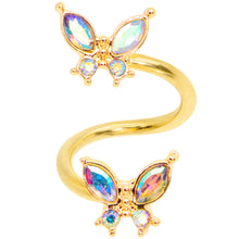 Load image into Gallery viewer, 14G 3/8 Aurora Gem Gold Tone Butterfly Spiral Twister Belly Ring
