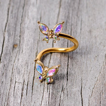 Load image into Gallery viewer, 14G 3/8 Aurora Gem Gold Tone Butterfly Spiral Twister Belly Ring
