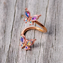 Load image into Gallery viewer, 14G 3/8 Aurora Gem Rose Gold Tone Butterfly Spiral Twister Ring
