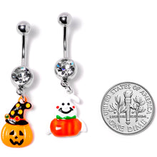 Load image into Gallery viewer, Clear Gem Jack O Lantern Ghost Halloween Dangle Belly Ring Set of 2
