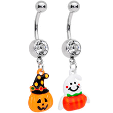 Load image into Gallery viewer, Clear Gem Jack O Lantern Ghost Halloween Dangle Belly Ring Set of 2
