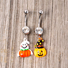 Load image into Gallery viewer, Clear Gem Jack O Lantern Ghost Halloween Dangle Belly Ring Set of 2
