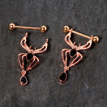 Load image into Gallery viewer, 9/16 Rose Gold Tone Black Gem Spider Halloween Dangle Nipple Ring Set
