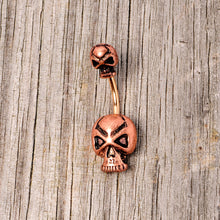 Load image into Gallery viewer, Rose Gold Tone Scary Double Skull Halloween Double Mount Belly Ring

