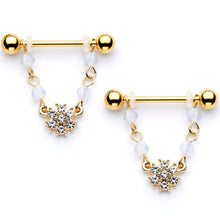 Load image into Gallery viewer, 14G 5/8 Clear Gem Gold Tone Dainty Flower Dangle Nipple Ring Set
