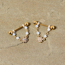 Load image into Gallery viewer, 14G 5/8 Clear Gem Gold Tone Dainty Flower Dangle Nipple Ring Set

