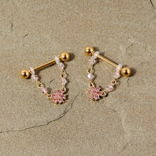 Load image into Gallery viewer, 14G 5/8 Pink Gem Gold Tone Dainty Flower Dangle Nipple Ring Set
