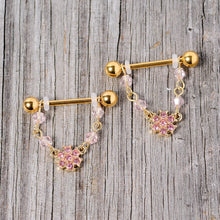 Load image into Gallery viewer, 14G 5/8 Pink Gem Gold Tone Dainty Flower Dangle Nipple Ring Set
