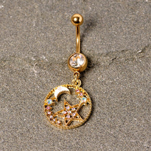 将图片加载到图库查看器，Clear Aurora Gem Gold Tone Circle Star Moon Dangle Belly Ring
