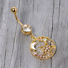 将图片加载到图库查看器，Clear Aurora Gem Gold Tone Circle Star Moon Dangle Belly Ring
