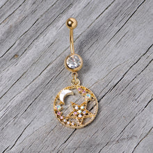 将图片加载到图库查看器，Clear Aurora Gem Gold Tone Circle Star Moon Dangle Belly Ring
