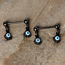 将图片加载到图库查看器，14G 5/8 Black Blue Eyeball Hand Halloween Dangle Nipple Ring Set
