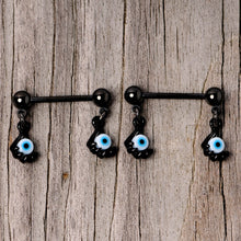 将图片加载到图库查看器，14G 5/8 Black Blue Eyeball Hand Halloween Dangle Nipple Ring Set
