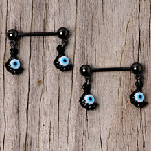 将图片加载到图库查看器，14G 5/8 Black Blue Eyeball Hand Halloween Dangle Nipple Ring Set
