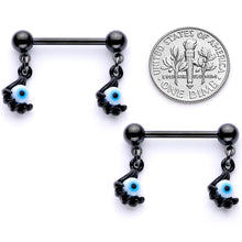 将图片加载到图库查看器，14G 5/8 Black Blue Eyeball Hand Halloween Dangle Nipple Ring Set
