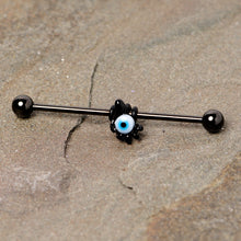 Load image into Gallery viewer, 14G Black Blue Eyeball Hand Halloween Industrial Barbell 38mm
