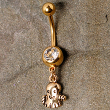 将图片加载到图库查看器，Clear Gem Gold Tone Happy Ghost Halloween Dangle Belly Ring
