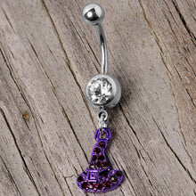 将图片加载到图库查看器，Clear Black Gem Purple Witch Hat Halloween Dangle Belly Ring
