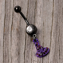 将图片加载到图库查看器，Clear Black Gem Black Purple Witch Hat Halloween Dangle Belly Ring
