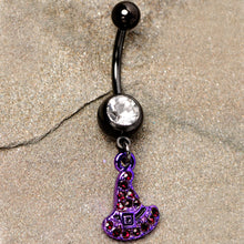 将图片加载到图库查看器，Clear Black Gem Black Purple Witch Hat Halloween Dangle Belly Ring
