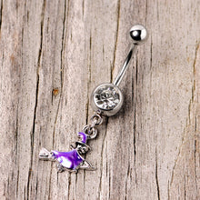 将图片加载到图库查看器，Clear Gem Blue Flying Witch Halloween Dangle Belly Ring
