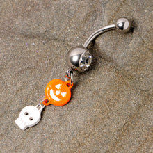 将图片加载到图库查看器，Clear Gem Orange Pumpkin Skull Halloween Dangle Belly Ring

