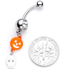 将图片加载到图库查看器，Clear Gem Orange Pumpkin Skull Halloween Dangle Belly Ring
