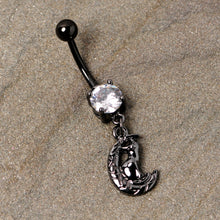 Load image into Gallery viewer, Clear CZ Gem Black Cat Moon Halloween Dangle Belly Ring
