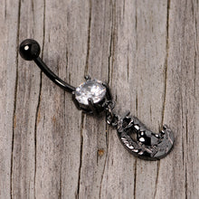 Load image into Gallery viewer, Clear CZ Gem Black Cat Moon Halloween Dangle Belly Ring
