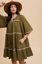 Load image into Gallery viewer, Tassel Contrast Trim Tie Neck Half Sleeve Tiered Dress – Bohemian Tassel Details, Contrast Trim, and Tiered Design for a Flowing, Feminine Look

